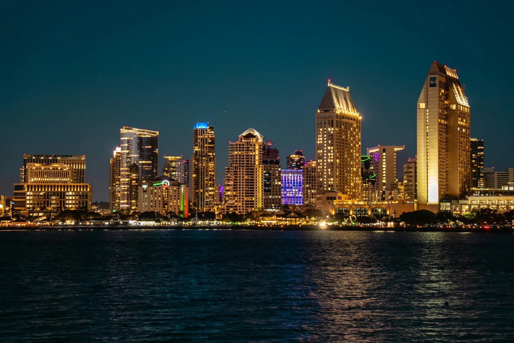 The downtown San Diego skyline glowing across the bay at dusk — the city where Brain Centers treats patients